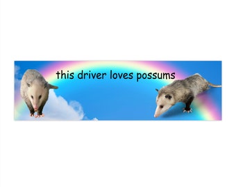 May include: A blue sky with a rainbow and two possums. The text "this driver loves possums" is written on the rainbow.