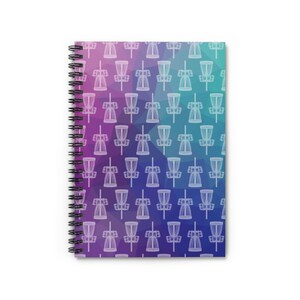 May include: A spiral bound notebook with a colorful geometric pattern featuring white disc golf baskets. The background is a gradient of purple, pink, blue, and teal.