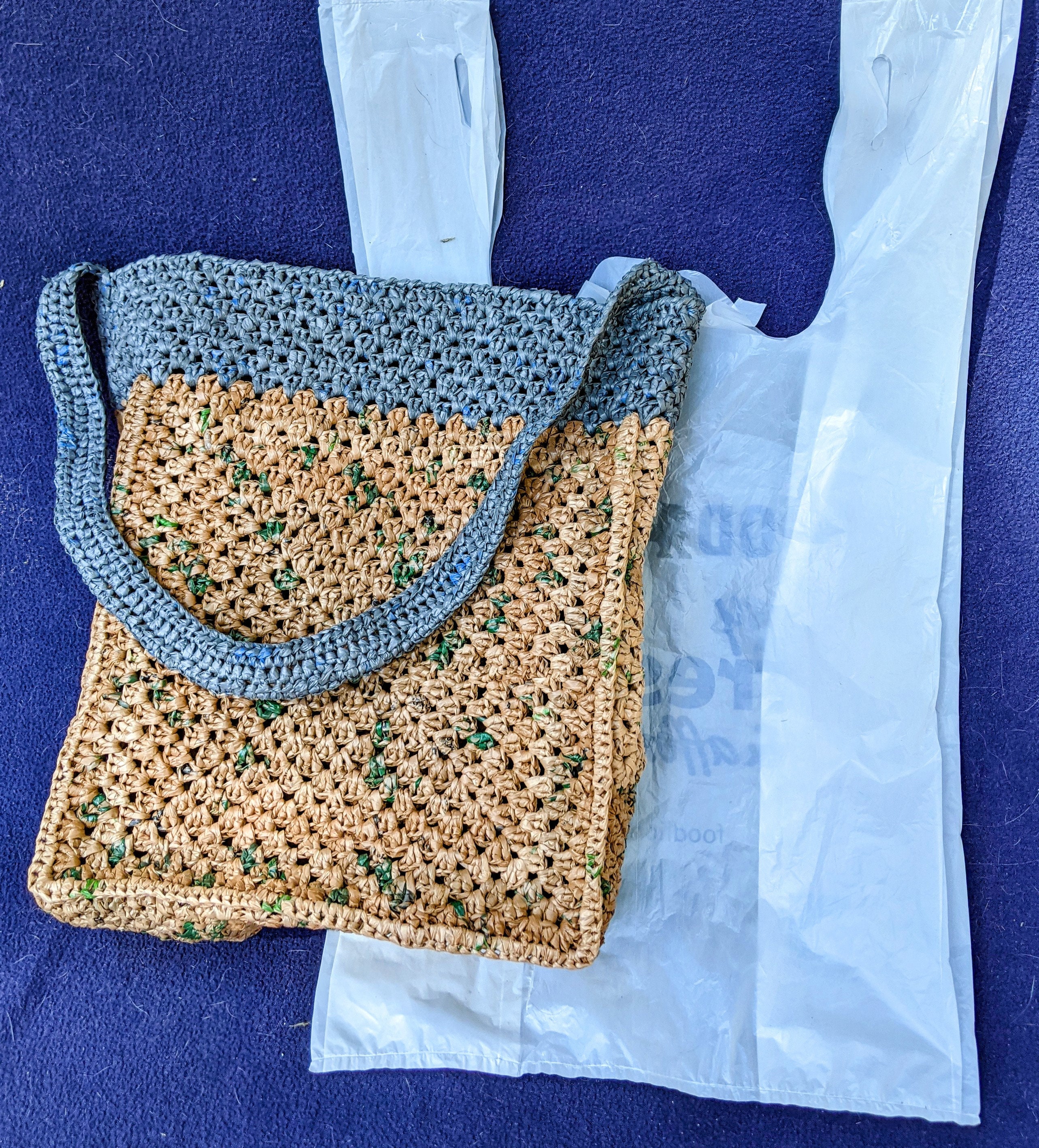 Recycled Plastic Bags Crochet Purse Shoulder Bag Blue Pink Yellow Upcycled  Tote