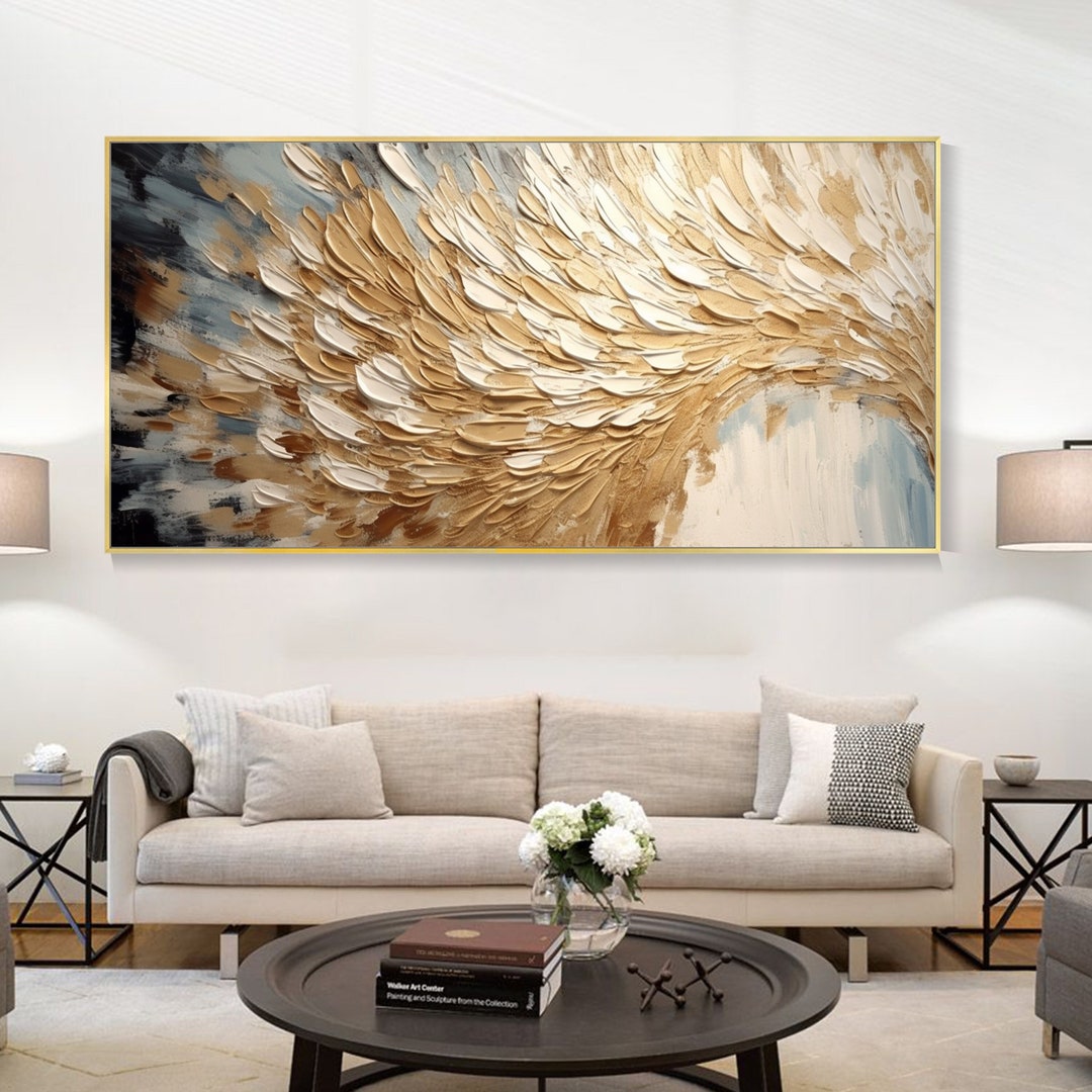 Original Oil Painting Hand Drawn Abstract Golden Feather Thick Palette