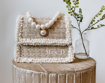 Personalized bridal Pearl handbag, woven bag, bridal shower gift, honeymoon gift, gifts for bride,bride to be, Bach party, Pearl clutch bag