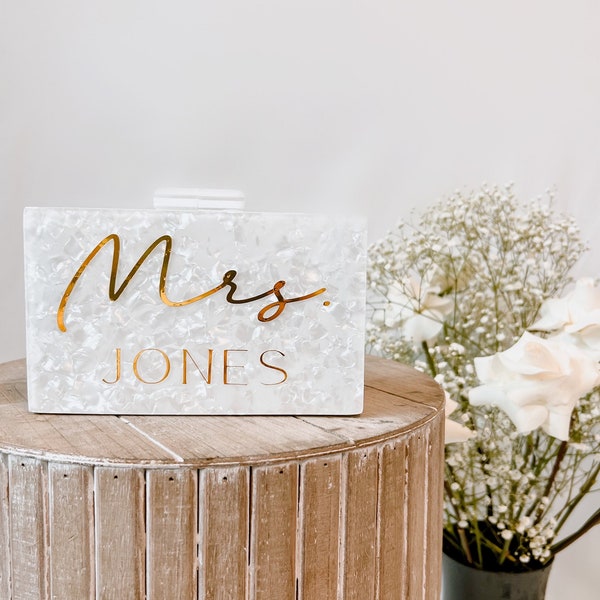 Personalized Acrylic Clutch, Box Clutch, Custom Mrs. Clutch, Bridal Clutch, Custom Bride Clutch, Mrs. Purse, Acrylic Purse, Acrylic Clutch