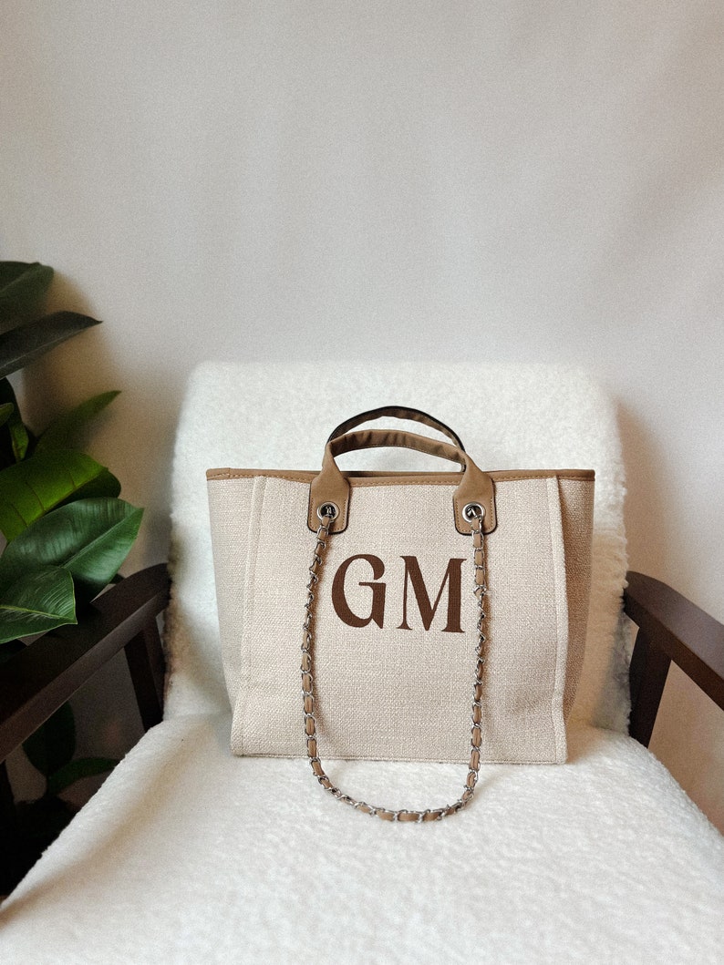 Personalized Bridesmaid Beach Bag,Custom Beach Bag, Chain Monogram,Holiday,Travel, Airport Beach Bag, Gifts For Her, Bride,Initial Bag image 4