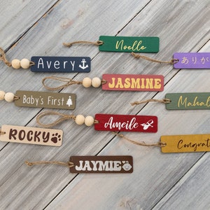 Personalized Beaded Wooden Gift Tags, Custom Christmas Stocking Wood Name Tags