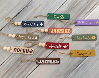 Personalized Beaded Wooden Gift Tags, Custom Christmas Stocking Wood Name Tags