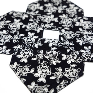 Embroidered Rose Coaster Set: Black & White Floral Cotton
