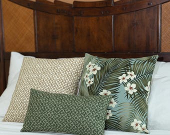 Tropical Pillow Covers – Hawaiian Weave & Plumeria Floral Barkcloth – Cotton Cushion Covers Coastal Décor
