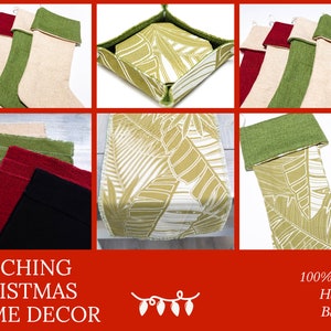 Puede incluir: Conjunto de decoraci&oacute;n navide&ntilde;a a juego en rojo, verde y beige. El conjunto incluye calcetines, un camino de mesa y una bandeja peque&ntilde;a. La tela es un barkcloth hawaiano 100% algod&oacute;n con un estampado de hojas tropicales.