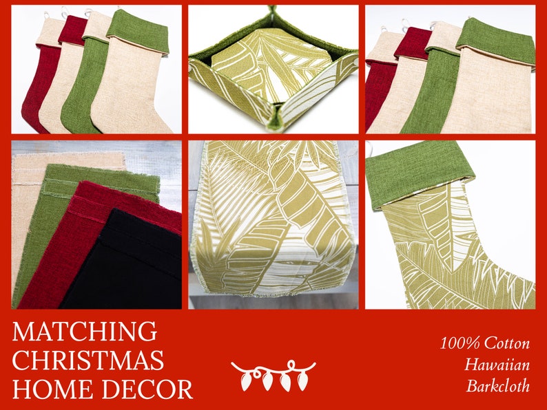 Puede incluir: Conjunto de decoraci&oacute;n navide&ntilde;a a juego en rojo, verde y beige. El conjunto incluye calcetines, un camino de mesa y una bandeja peque&ntilde;a. La tela es un barkcloth hawaiano 100% algod&oacute;n con un estampado de hojas tropicales.