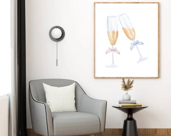 Champagne toast bar cart coquette room decor balletcore wall art bow grandmillennial coastal granddaughter aesthetic digital print download