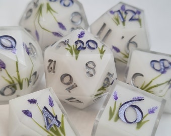 Lavender Vida Loca - White, Handmade, Hand Painted Flowers, Polyhedral, Sharp Edge, Double Cast, DnD Tabletop RPG Dice Set (7 Pcs)