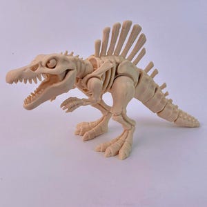 May include: A beige, articulated dinosaur skeleton figurine featuring a prominent dorsal sail, a long snout with visible teeth, and a segmented tail. The figure is depicted in a standing position with its mouth open, showcasing detailed bone structures.