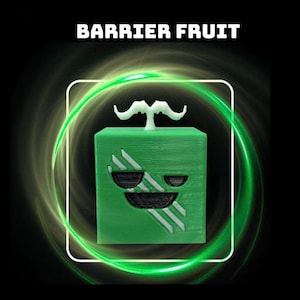 May include: A green cube-shaped object labeled BARRIER FRUIT at the top. The cube features a white stem-like protrusion on the upper surface and a black face design with white diagonal slash marks across the eyes and mouth area.