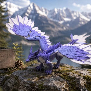 May include: A purple and white articulated dragon figurine with large, detailed wings featuring layered feather-like structures. The creature has a textured body, a pointed head with horns, and stands on four legs with visible claws on a rocky surface.