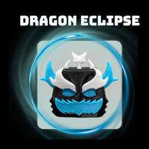 May include: A black, white, and blue mechanical keyboard keycap featuring a stylized creature face with horns and a jagged mouth. The text DRAGON ECLIPSE is printed in white above the keycap, which is centered within a glowing blue ring.