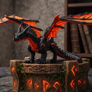 May include: A black dragon figurine with vibrant orange wing membranes and underbelly details, standing on a circular, textured brown base that features glowing orange carved symbols and patches of green moss-like accents.