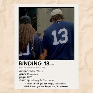 Op de afbeelding: Een boekomslag met een foto van twee mensen die baseballshirts dragen. De tekst op de omslag luidt "BINDING 13 2018 boys of tommen, book one author Chloe Walsh genre Romance pages 887 starring Johnny & Shannon "I think I need you for keeps," he slurred. "I think I need you for keeps, too," I confessed."