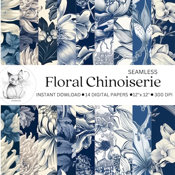 Chinoiserie Floral Digital Paper, French-Inspired Blue & White Flower Patterns Sublimation Digital Craft Photography Backdrop Seamless