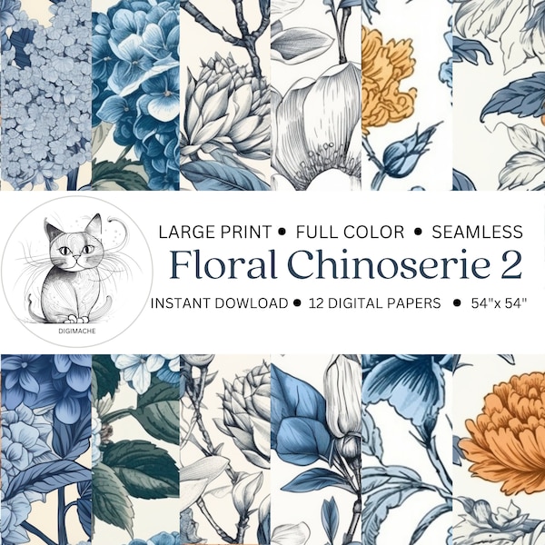 Floral Chinoiserie Digital Paper 2, French-Inspired Blue & White Flower Patterns Sublimation Digital Craft Photography Backdrop Seamless