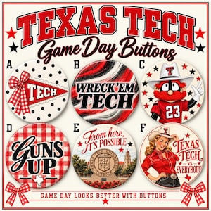 Texas Tech Game Day Buttons | Red Black College Spirit Pins | 2.25 Inch Buttons