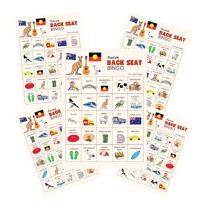 May include: A collection of "Aussie Back Seat Bingo" game cards. The cards feature illustrations of Australian symbols, including a kangaroo, guitar, and flag. The game is designed for entertainment during car journeys.