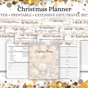 May include: A printable Christmas planner with 48 pages, featuring sections for budgeting, gift ideas, travel, and party planning. The planner has a festive design with gold and white baubles.