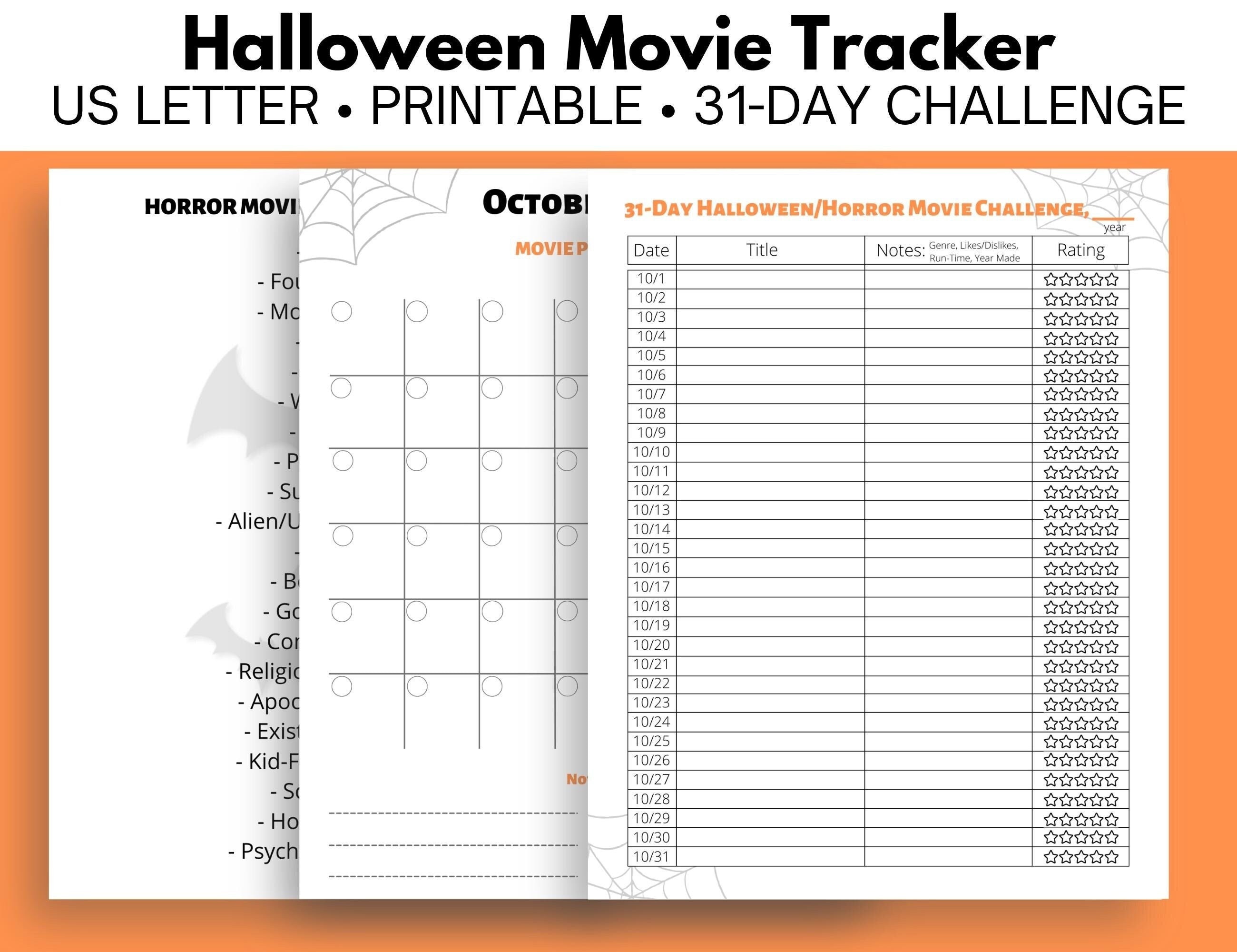 Printable Halloween and Horror Movie Tracker | 31-Day Challenge | Movie Marathon | Digital Download | List and Calendar Format