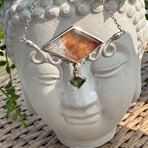AAA quality Super Rare 20 ct variant Dumortierite in Quartz snake Pendant blue rutilated .925 silver with 1 ct moldavite