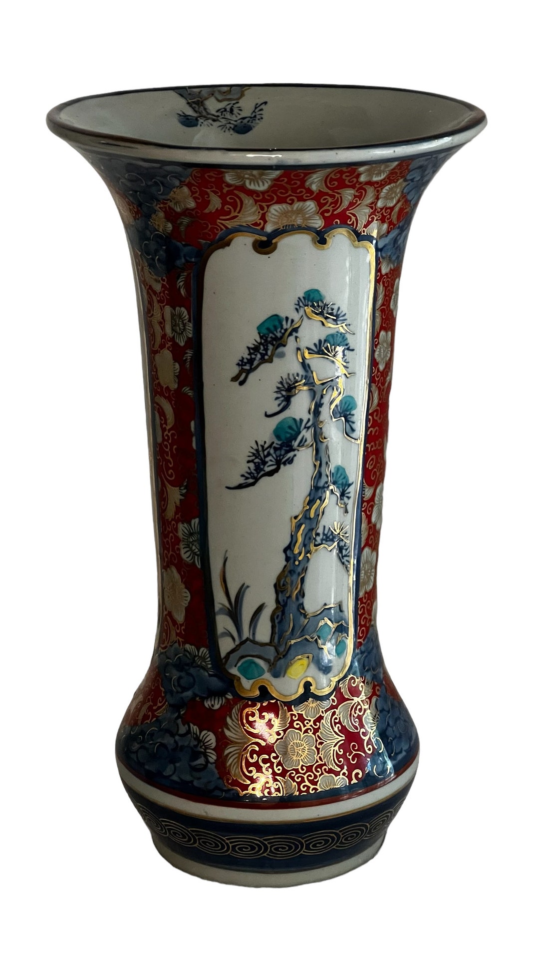 Vintage Imperial Imari Vase Porcelain Red Blue and Gold With Wood Base