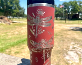Dragonfly | Flower 40 oz Stainless Steel Insulated Tumbler with Handle, Laser Engraved tumbler