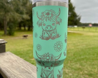 Highland Cow 40 oz Stainless Steel Insulated Tumbler with Handle, Laser Engraved tumbler