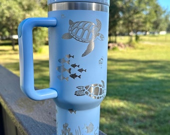Sea Turtle | Under The Sea 40 oz Stainless Steel Insulated Tumbler with Handle, Laser Engraved tumbler
