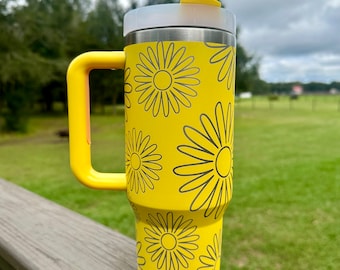 Daisy Flower 40 oz Stainless Steel Insulated Tumbler with Handle, Laser Engraved tumbler