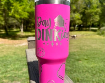 Pickleball | Day Drinking 40 oz Stainless Steel Insulated Tumbler with Handle, Laser Engraved tumbler