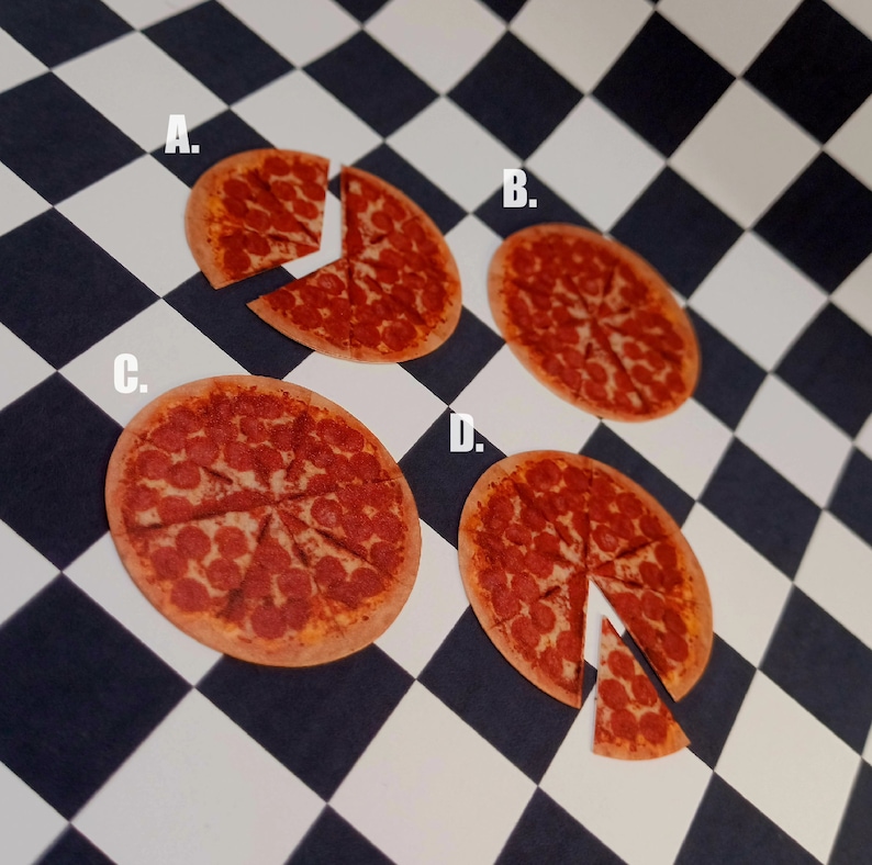 May include: Four mini pepperoni pizzas on a black and white checkered surface. The pizzas are labeled A, B, C, and D.