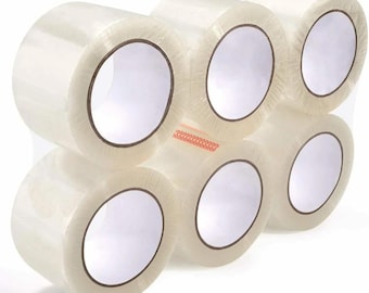 May include: A collection of clear packing tape rolls. Each roll is transparent with a white inner core. The tape is arranged in a stacked formation, showcasing the adhesive material.