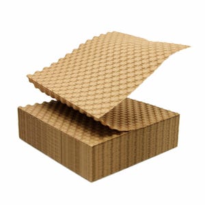 May include: A stack of corrugated cardboard sheets with a textured, wave-like pattern. The top sheet is lifted, revealing the layered construction. The cardboard is a light brown color.