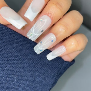 Milky White press on nails | White nails |White french nails | gel x nails | handmade holiday nails | medium nails | Rhinestone Nails| White