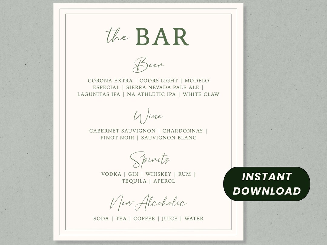 Editable Bar Menu Template | Printable Wedding Bar Sign | Minimalist ...