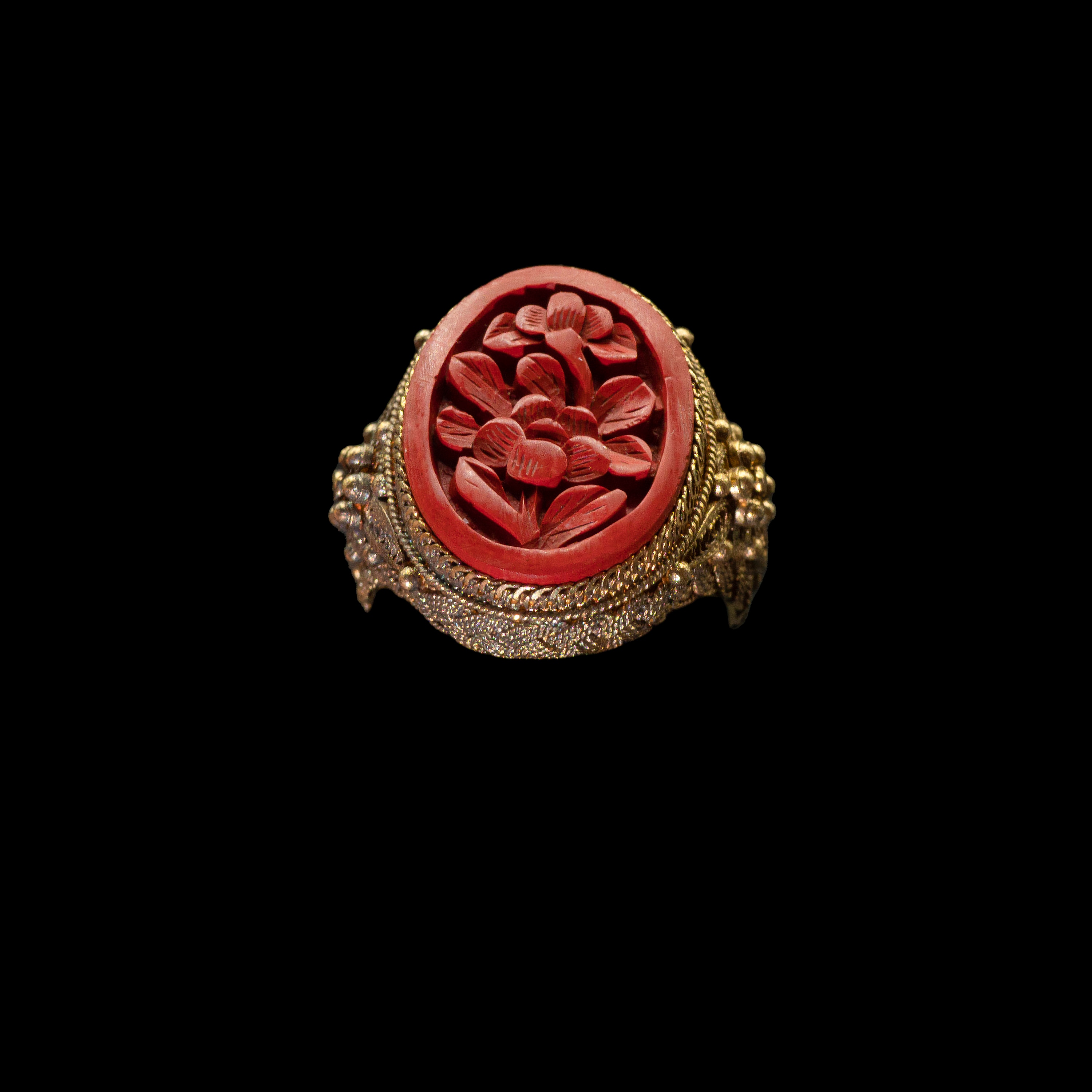 Vintage Gold Vermeil Filigree Hand Carved Red Lacquer Ring / Chinese ...