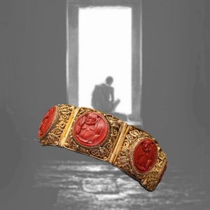 Antique /Vintage Gold Vermeil Hand Filigree Cinnabar Red Lacquer Bracelet/Vintage Gold Vermeil Cannetille Hand Carved Cinnabar Cuff Bracelet
