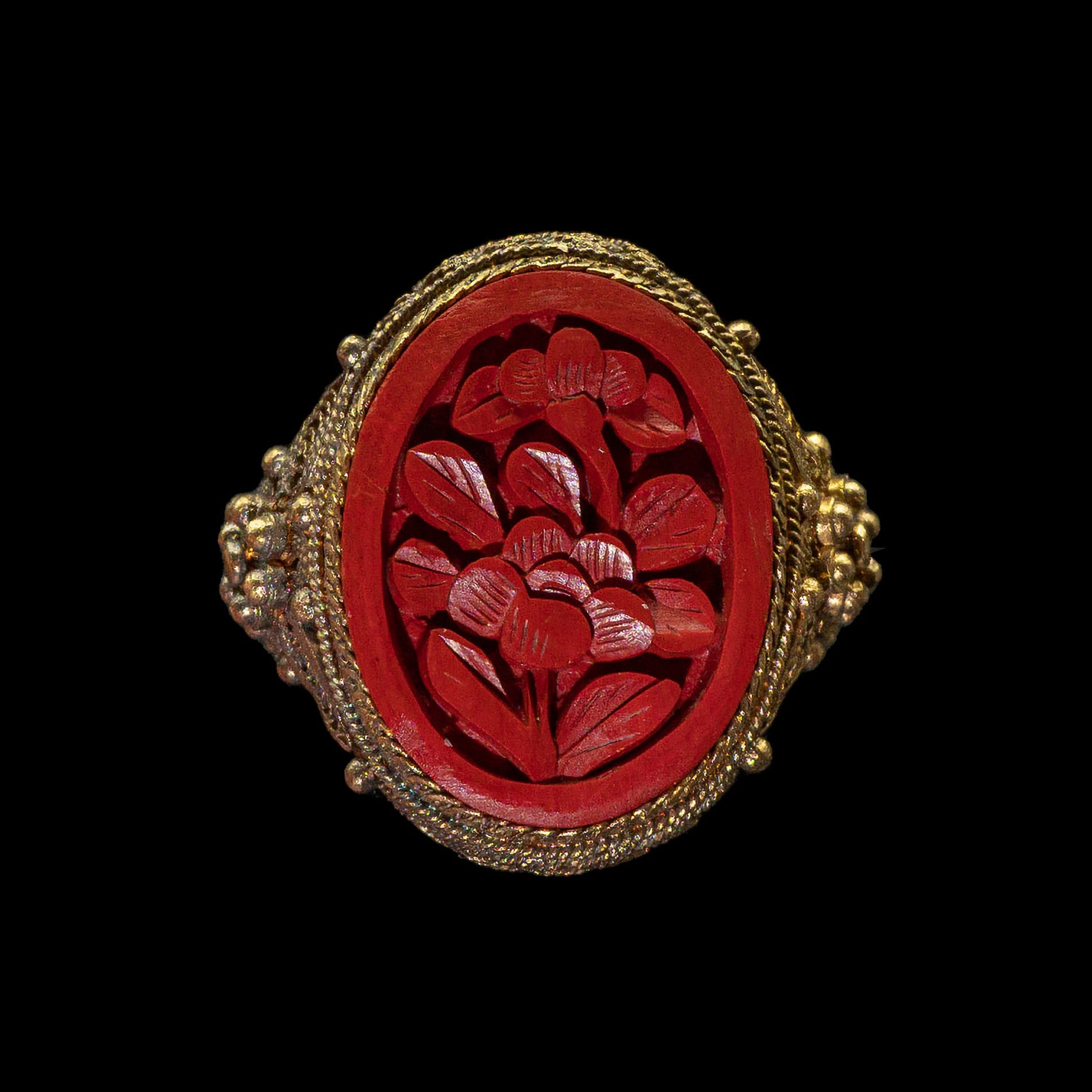 Vintage Gold Vermeil Filigree Hand Carved Red Lacquer Ring / Chinese ...
