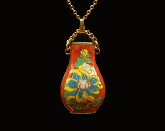 Vintage Cloisonné Vase Pendant Necklace: Hand-Painted Floral Enamel