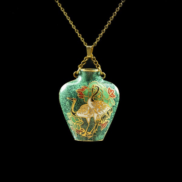 Retro Hand Enamel 'Cloisonné' Floral Vase Pendant Pristine Necklace / 70's Vintage 'Cloisonné' Floral Vase Pendant Necklace