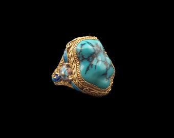 Vintage Turquoise Gold Vermeil Ring: Hand Enamel Filigree, 1960s Chinese Design