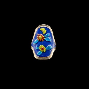 Vintage Enamel Gold Vermeil Oval Panel Ring / Retro Gold Vermeil Enamel Ring