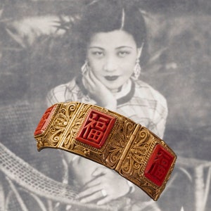 Antique /Vintage Gold Vermeil Hand Filigree Cinnabar Red Lacquer Bracelet/Vintage Gold Vermeil Cannetille Hand Carved Cinnabar Cuff Bracelet