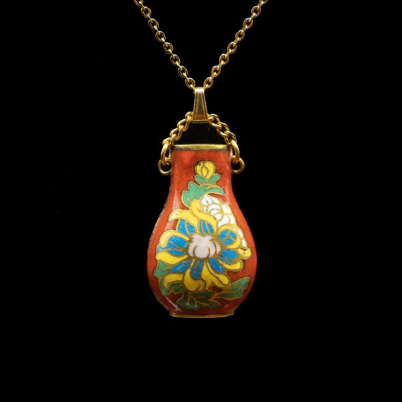 Retro Hand Enamel 'Cloisonné' Floral Vase Pendant… - image 1