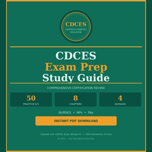 Peut inclure: Un guide d'étude vert et doré intitulé "CDCES Exam Prep Study Guide". Il comprend le texte "Comprehensive Certification Review" et met en évidence 50 questions pratiques, 8 chapitres et 4 domaines. Le guide est destiné aux infirmières, aux infirmières praticiennes et aux assistants médicaux.