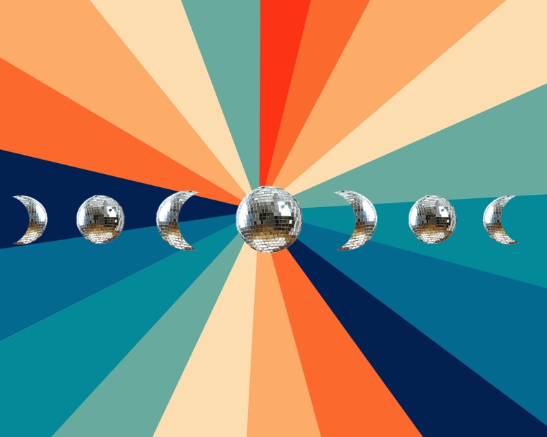 Groovy Mirror Disco Ball Moon Phases Wall Art Printable Etsy